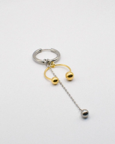 Miniature du produit Mono Boucle d'Oreille en Acier Inoxydable Argenté et Doré avec Chaîne Suspendue #2