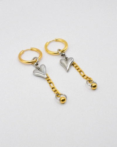 Miniature du produit Boucles d'oreilles dorées et argentées Cœur et Chaîne en Acier Inoxydable #2