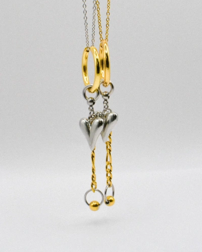 Miniature du produit Boucles d'oreilles dorées et argentées Cœur et Chaîne en Acier Inoxydable #3