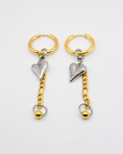 Miniature du produit Boucles d'oreilles dorées et argentées Cœur et Chaîne en Acier Inoxydable #4