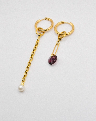 Miniature du produit Boucles d’oreilles asymétriques « Goldrush » - Acier inoxydable doré, cœur en cristal et perle #3