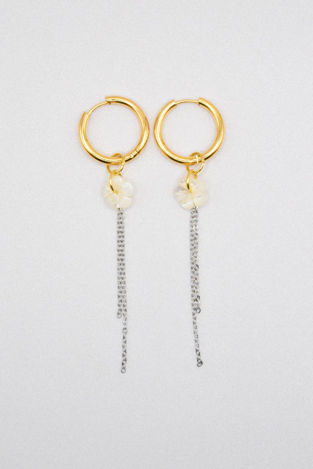 Photo du bijoux :  Boucles d'oreilles "White Noise" - acier inoxydable et fleurs en nacre #1