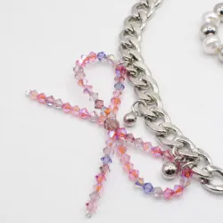 Miniature du produit Collier “Kitty Chain” – Chaîne argentée, perles et cœur rose - Pièce unique perles upcyclées #2