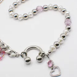 Miniature du produit Collier “Kitty Chain” – Chaîne argentée, perles et cœur rose - Pièce unique perles upcyclées #3