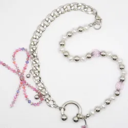 Miniature du produit Collier “Kitty Chain” – Chaîne argentée, perles et cœur rose - Pièce unique perles upcyclées #4