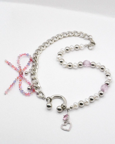Miniature du produit Collier “Kitty Chain” – Chaîne argentée, perles et cœur rose - Pièce unique perles upcyclées #5