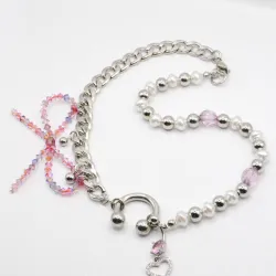 Miniature du produit Collier “Kitty Chain” – Chaîne argentée, perles et cœur rose - Pièce unique perles upcyclées #5